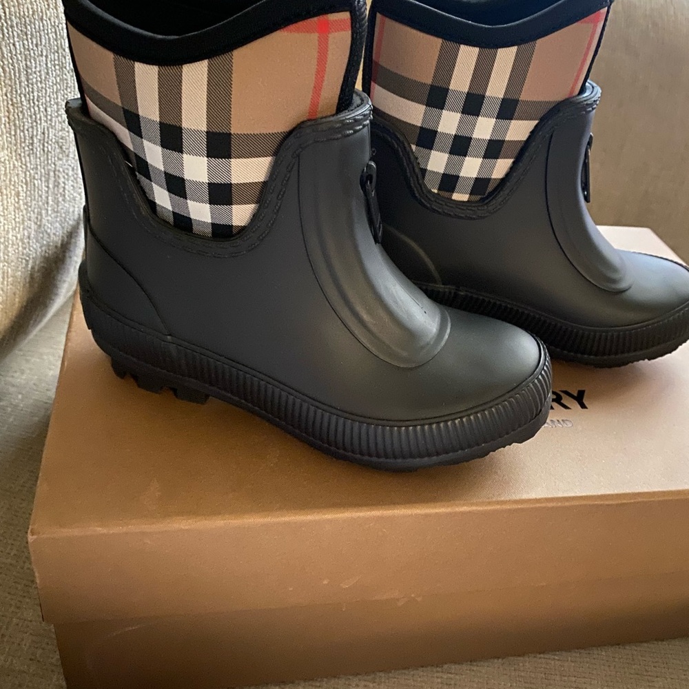 Burberry Black and Plaid Rain Boots